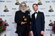 (L-R) George Drakoulias and Brandon Davis, winners of the "Best Compilation Soundtrack for Visual Media" award for "Barbie the Album", pose in the Grammy press room at Crypto.com Arena on February 04, 2024 (Photo by Alberto E. Rodriguez/Getty Images)
